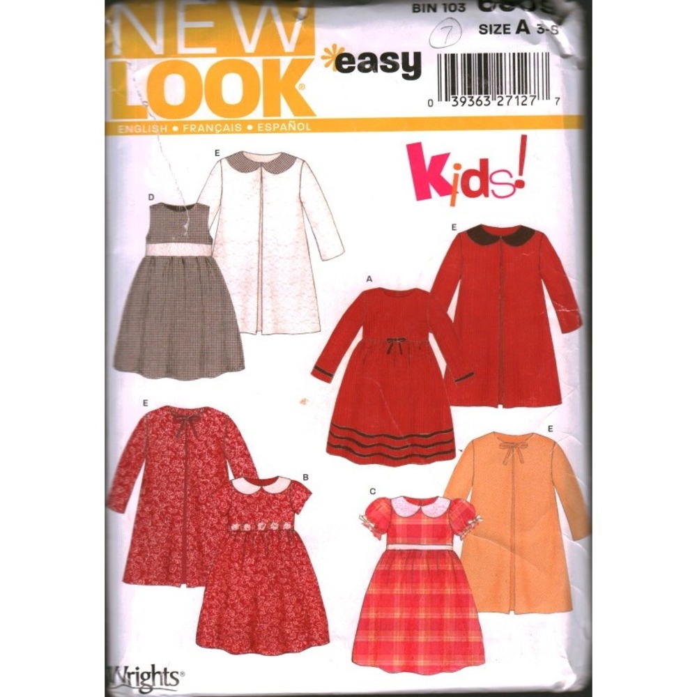 New Look 6309 Sewing Pattern Kids Dress Coat Size A 3-7 Peter Pan Collar Easy